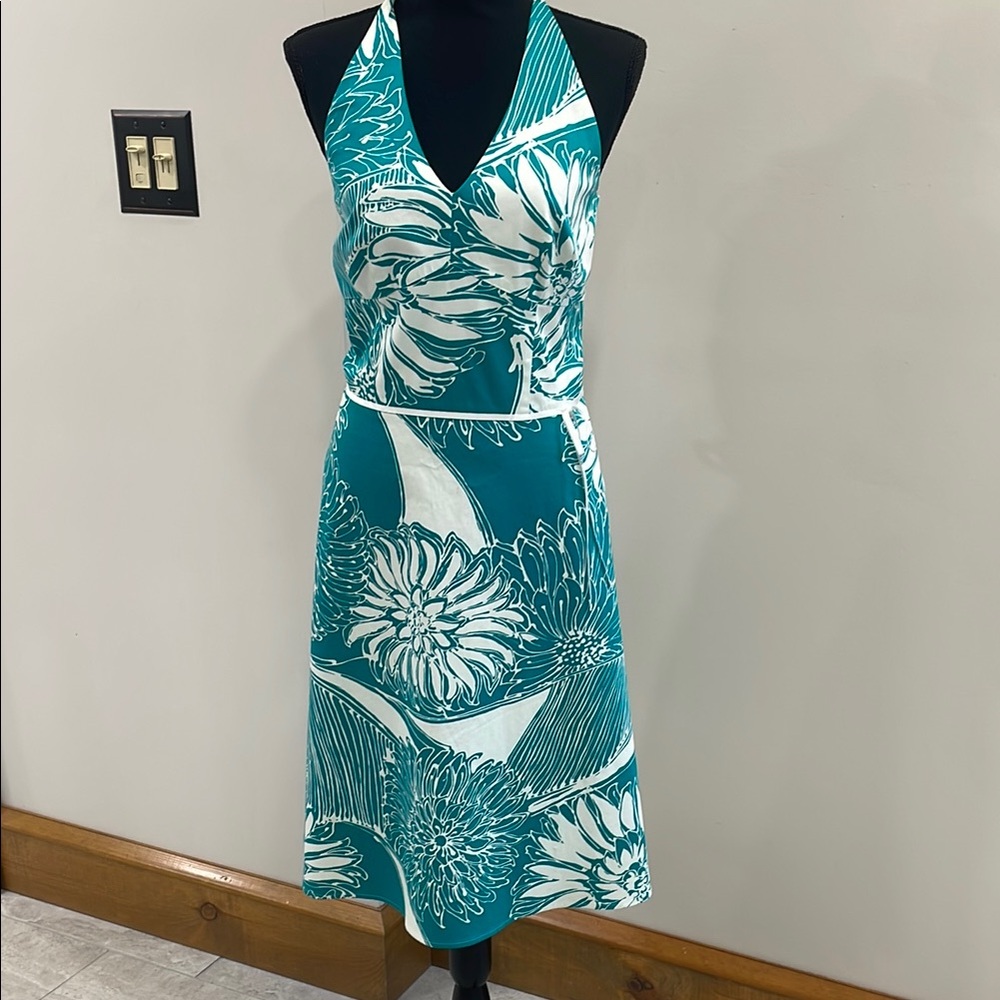 Ann Taylor Teal and White Floral Halter Dress
